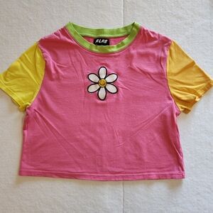 A.Lab Pink and Yellow Womans 70s Vibe Cropped T-Shirt with Daisy Size Small